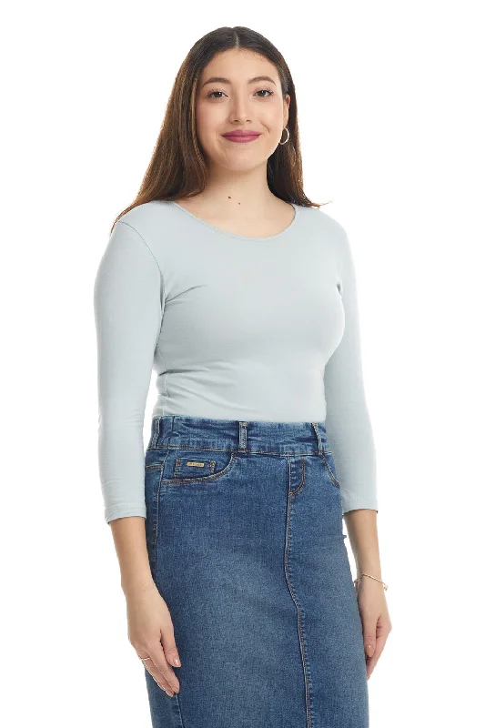 Polar Grey 3/4 Sleeve Snug Fit Cotton Boat Neck Layering Shirt for Women-- Solid Print Embellished