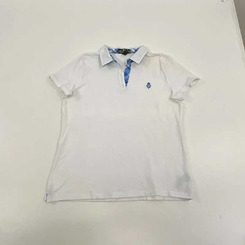 Women's L-RL Ralph Lauren White Cropped Short Sleeve Polo Shirt - Size XL-- Zippered Front Buttoned Front Snap Front