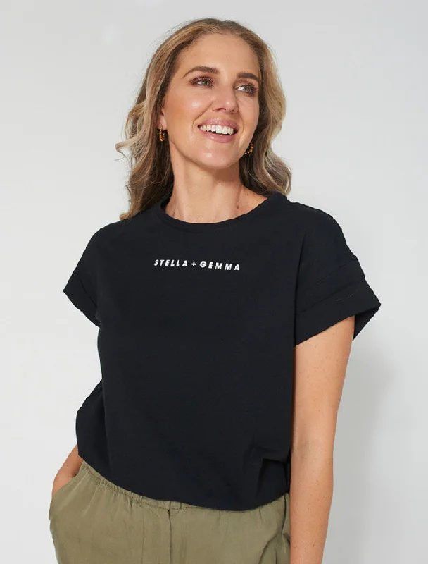 Stella & Gemma  T SHIRT Black Cap Sleeve with logo-- Plaid T-Shirt Polka Dot Checkered