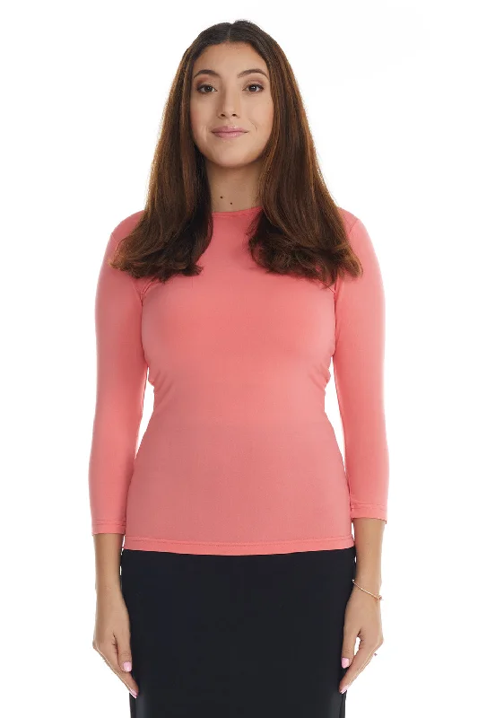 Coral Pink 3/4 Sleeve Fancy Slinky Layering T-Shirt Top for Women-- Striped Floral Plaid