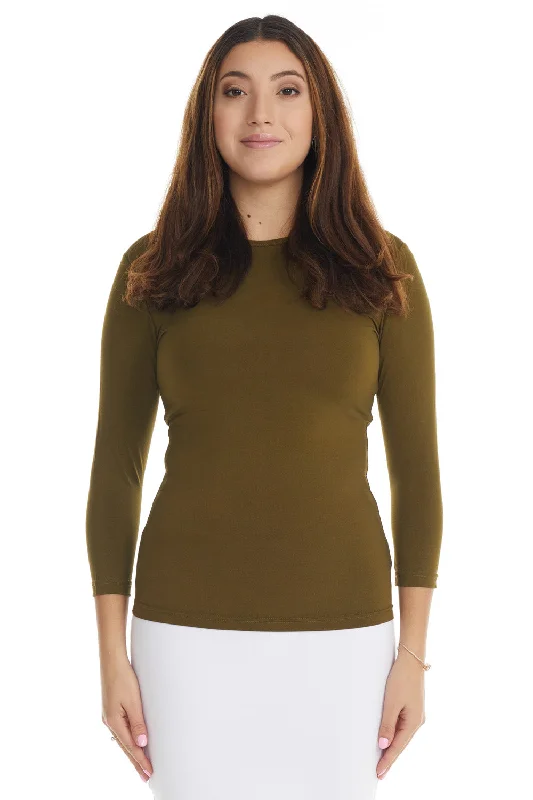 Green 3/4 Sleeve Fancy Slinky Layering T-Shirt Top for Women-- Chenille Fabric Brocade Fabric Lace Fabric