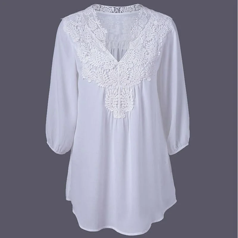 Lace Chiffon Hollow V-neck Shirts Plus Size-- Elasticated Padded Insulated