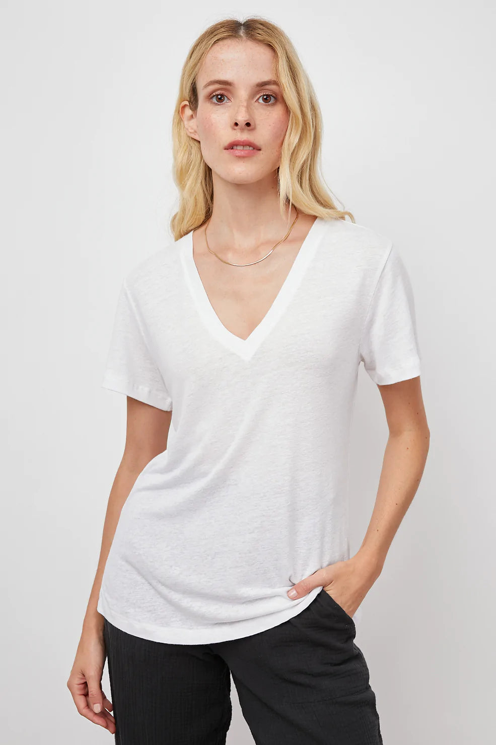 THE CARA V NECK T-SHIRT - WHITE-- Nylon Fabric Polyester Fabric Spandex Fabric