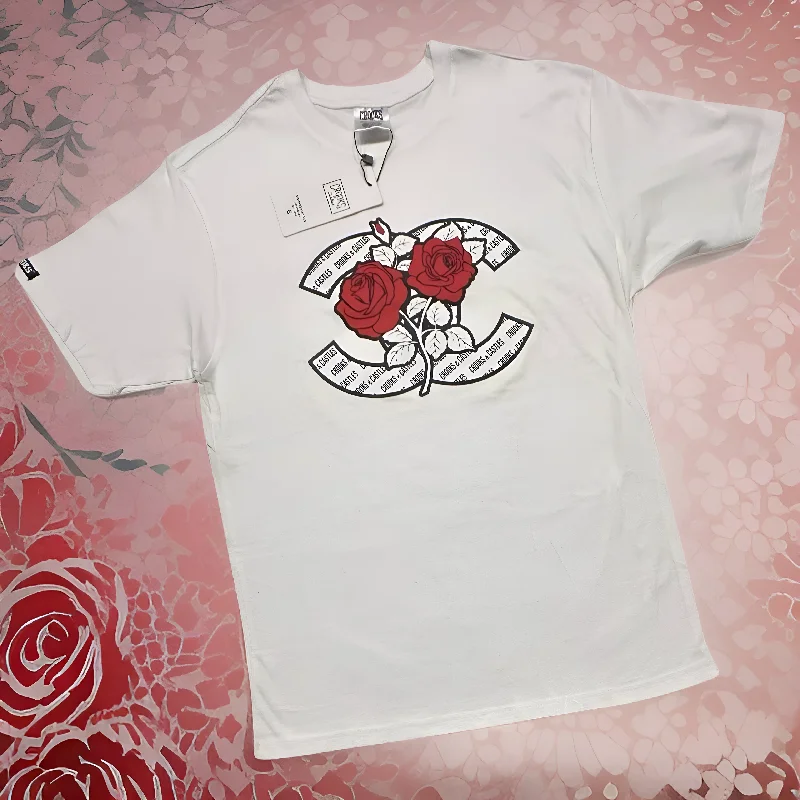 *CROOKS & CASTLES* (WHITE) ~CC ROSES~ SHORT SLEEVE T-SHIRTS FOR WOMEN-- Solid Print Embellished