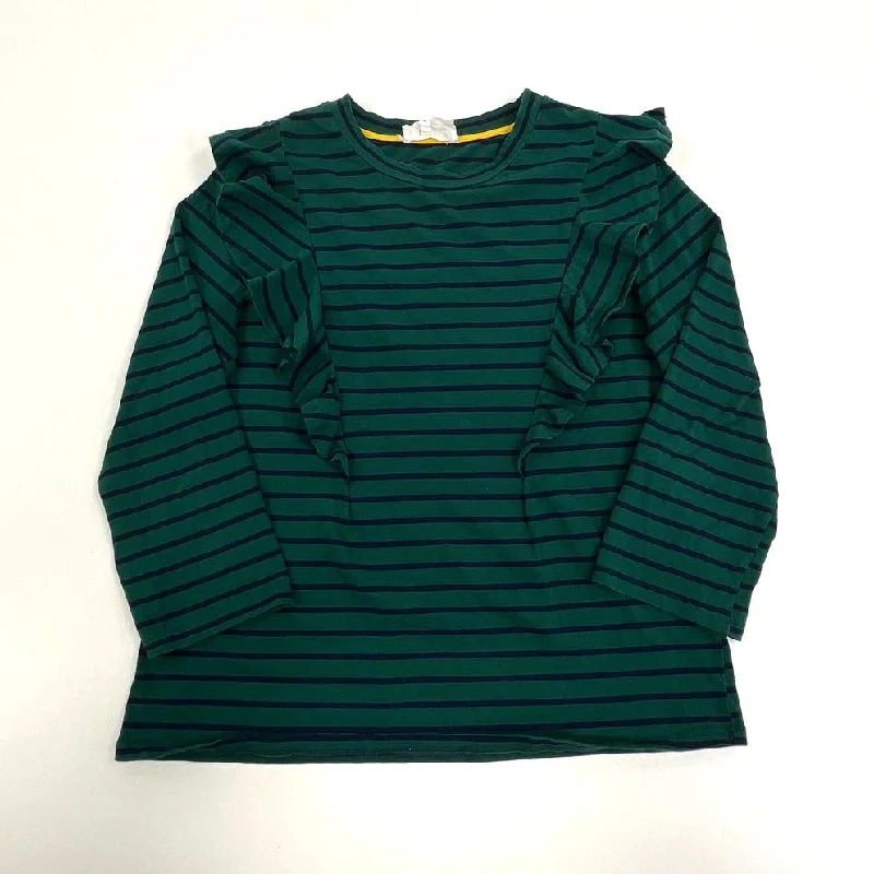 Women's Anthropologie Green Striped Long Sleeve Ruffle Shirt - Size Medium-- Notch Collar Peter Pan Collar Cowl Neck