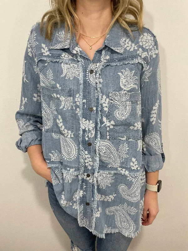 PAISLEY FRINGE BUTTON FRONT SHIRT - DENIM-- Rayon Velvet Corduroy