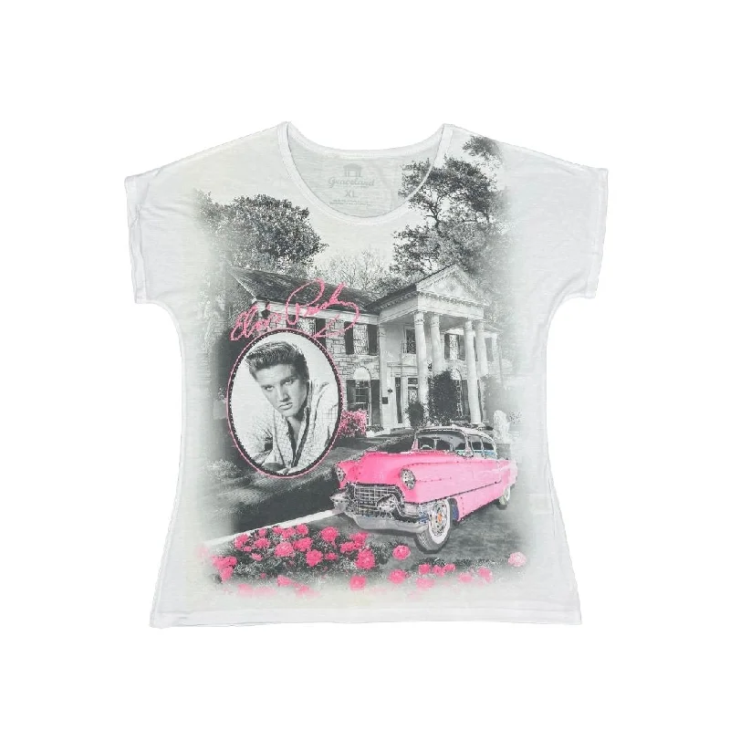 Elvis Graceland Pink Car Roses Women's T-Shirt-- Print Jacquard Patchwork