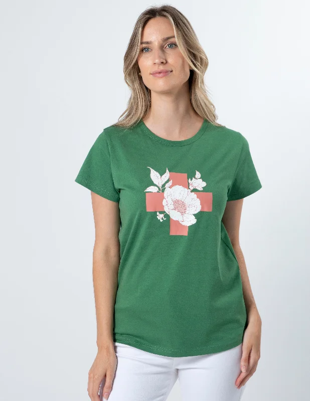 Stella & Gemma  T SHIRT Vintage Green Floral with cross-- Welt Pockets Slit Pockets Flap Pockets