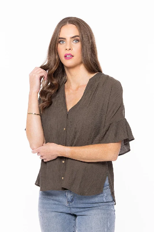 Seeking Lola  Riverstone Shirt Khaki Texture-- Welt Pockets Slit Pockets Flap Pockets