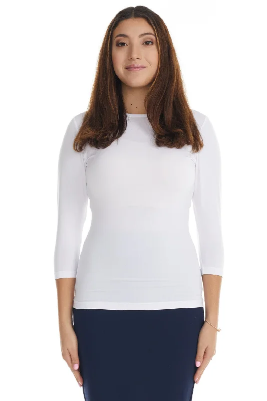 White 3/4 Sleeve Fancy Slinky Layering T-Shirt Top for Women-- Houndstooth Herringbone Solid White 3/4 Sleeve Fancy Slinky Layering T-Shirt Top for Women-- Houndstooth Herringbone Solid