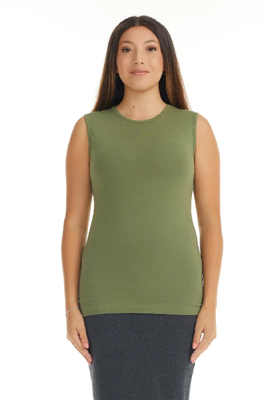 Olive Green Sleeveless Crewneck T-Shirt for Women-- Zippered Buttoned Snapped