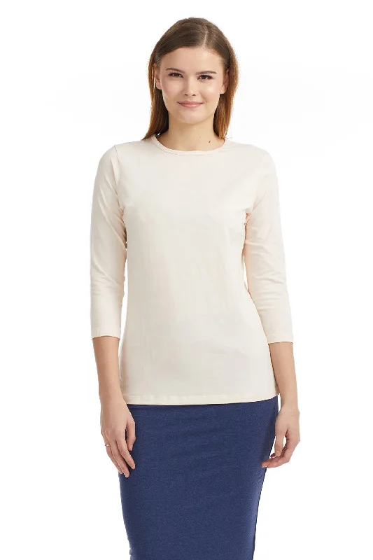 Beige 3/4 Sleeve Relaxed Fit Crewneck T-Shirt for Women-- Front Pockets Side Pockets Patch Pockets Beige 3/4 Sleeve Relaxed Fit Crewneck T-Shirt for Women-- Front Pockets Side Pockets Patch Pockets