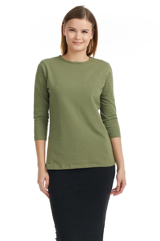 Olive 3/4 Sleeve Relaxed Fit Crewneck T-Shirt for Women-- Anti-Shrink Durable Soft