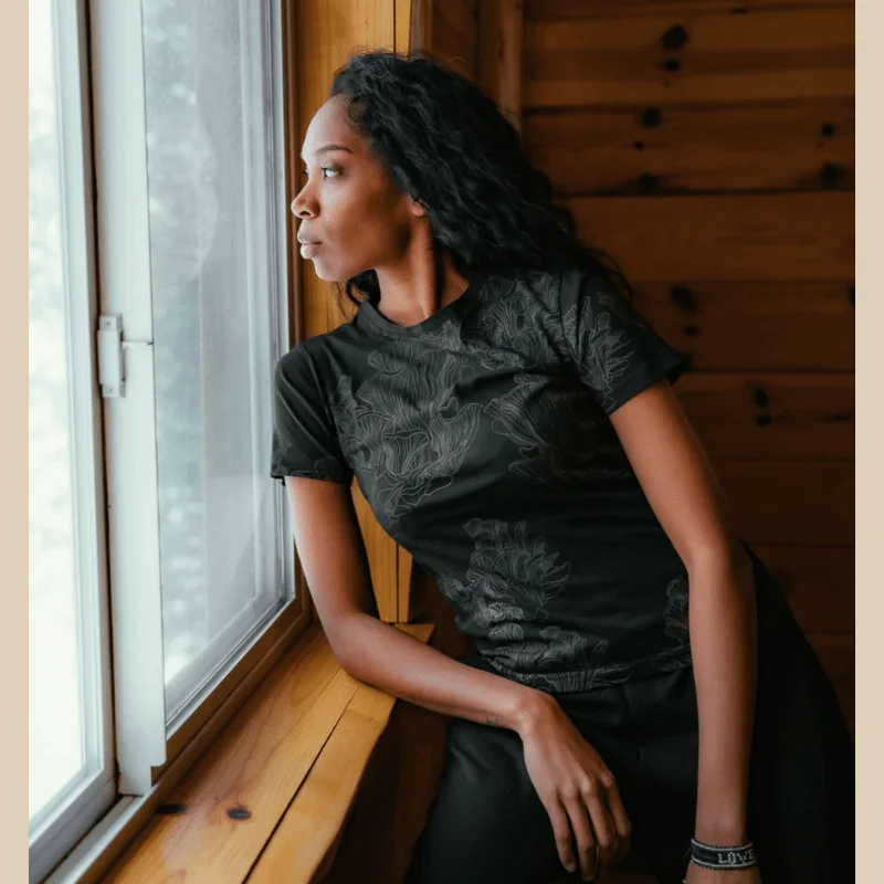 Mushroom T-Shirt - Black-- V-Neck T-Shirt Long Sleeve Cotton