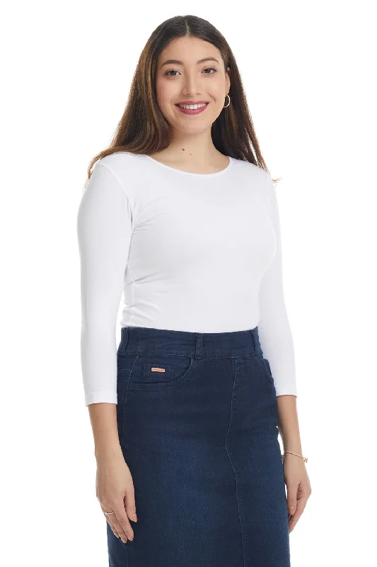 White 3/4 Sleeve Snug Fit Cotton Boat Neck Layering Shirt for Women-- Polka Dot Checkered Tartan
