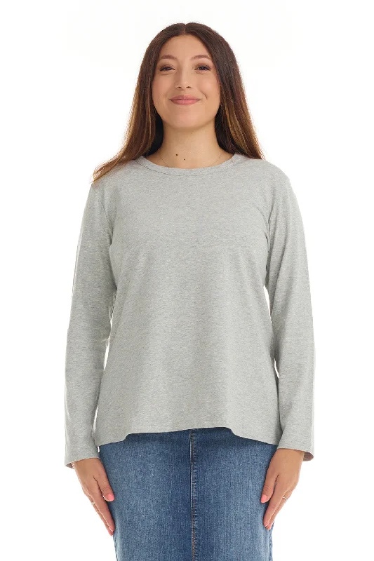 Heather Grey Long Sleeve Cotton T-shirt Top for Women-- Terry Blend Velvet Blend Canvas Blend