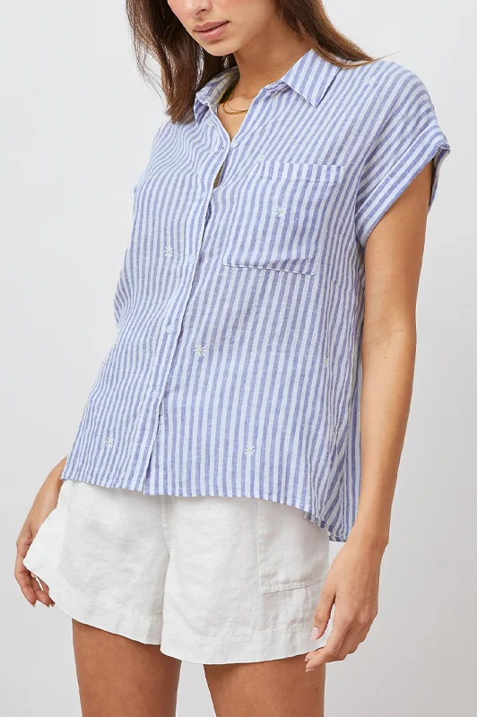 WHITNEY SHIRT - BLUE STRIPE DAISY EMBROIDERY-- Hooded Caped Shawl Collar