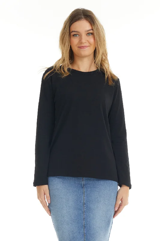 Basic Black Long Sleeve Cotton T-shirt Top for Women-- Satin Blend Silk Blend Wool Blend