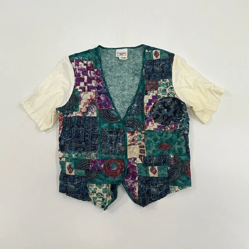 Women's Landon West Teal Abstract Patchwork Short Sleeve Shirt - Size Large-- Chenille Blend Fleece Blend Nylon Blend