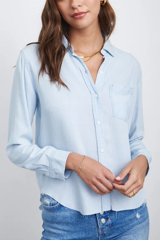 INGRID RAW HEM SHIRT - LIGHT VINTAGE-- Hooded Caped Shawl Collar