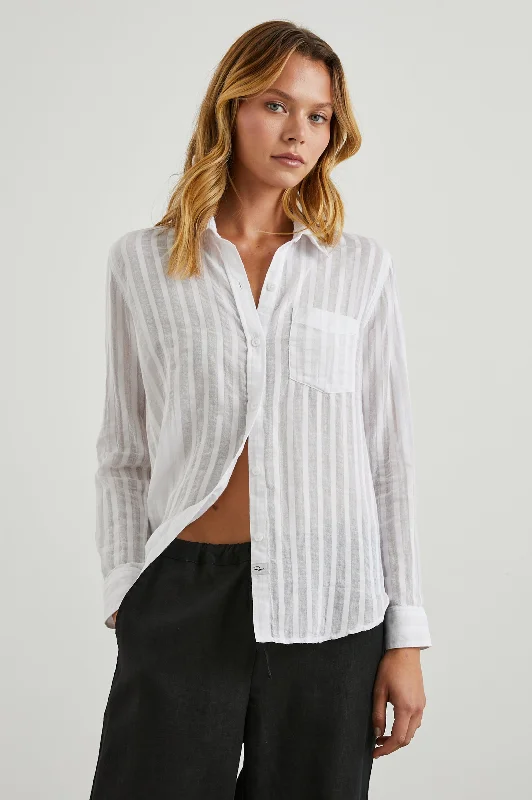 CHARLI SHIRT - WHITE SHADOW STRIPE-- Zippered Buttoned Snapped