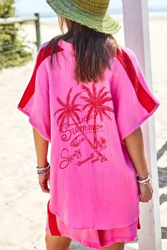 HAMMILL & CO Womens Resort Beach Shirt - Pink-- Handmade Hand-knitted Hand-woven