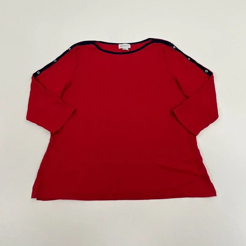 Women's Liz Claiborne Red Boat Neck Long Sleeve Shirt Button Accents - Size XL-- Lace Blend Ribbed Blend Corduroy Blend