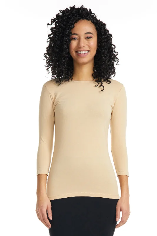 Tan 3/4 Sleeve Snug Fit Layering Cotton T-Shirt Top for Women-- Denim Fabric Leather Fabric Suede Fabric