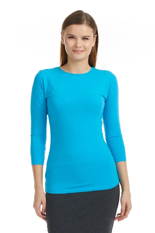 Ocean Blue 3/4 Sleeve Snug Fit Layering Cotton T-Shirt Top for Women-- Ribbed T-Shirt High Neck Heavyweight Ocean Blue 3/4 Sleeve Snug Fit Layering Cotton T-Shirt Top for Women-- Ribbed T-Shirt High Neck Heavyweight