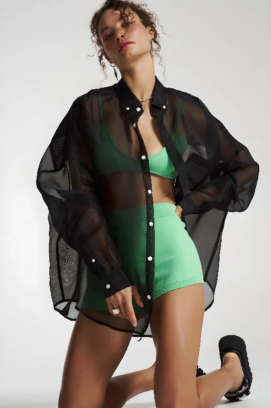 SUMMI SUMMI Womens Silk Organza Mercurio Shirt - Midnight Black-- Beaded Sequined Faux Fur