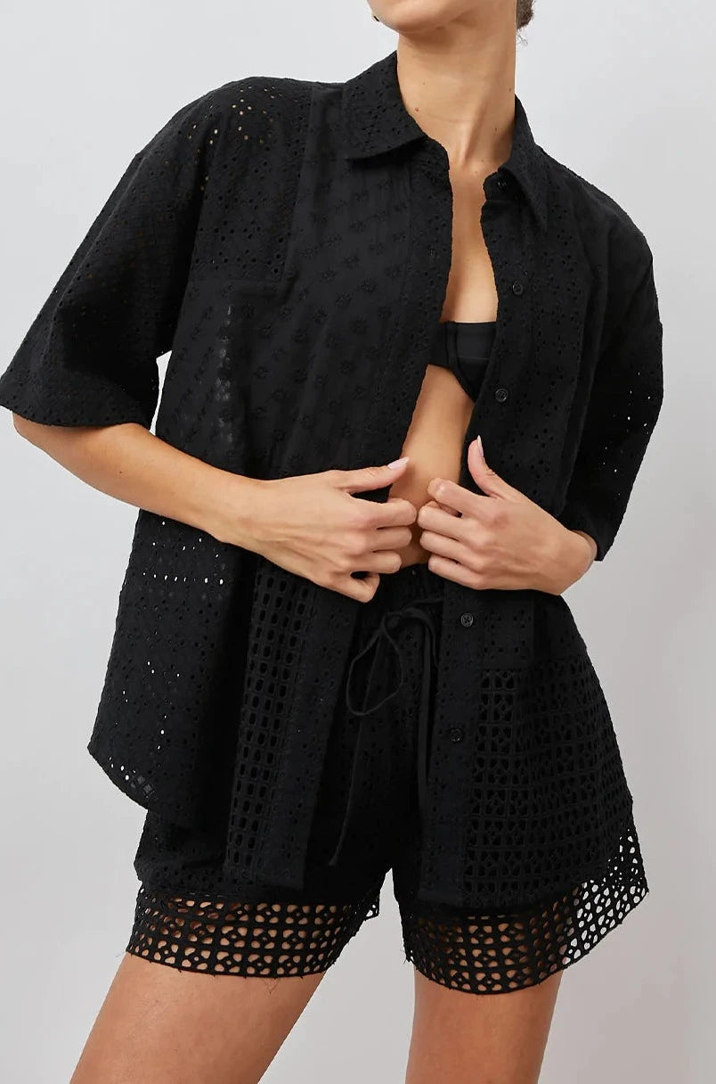 YURI SHIRT - BLACK EYELET MIX-- Print Jacquard Patchwork
