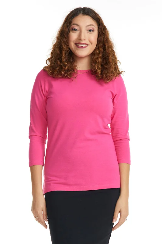 Magenta Pink 3/4 Sleeve Relaxed Fit Cotton Crewneck T-Shirt-- Wool Fabric Cashmere Fabric Tweed Fabric