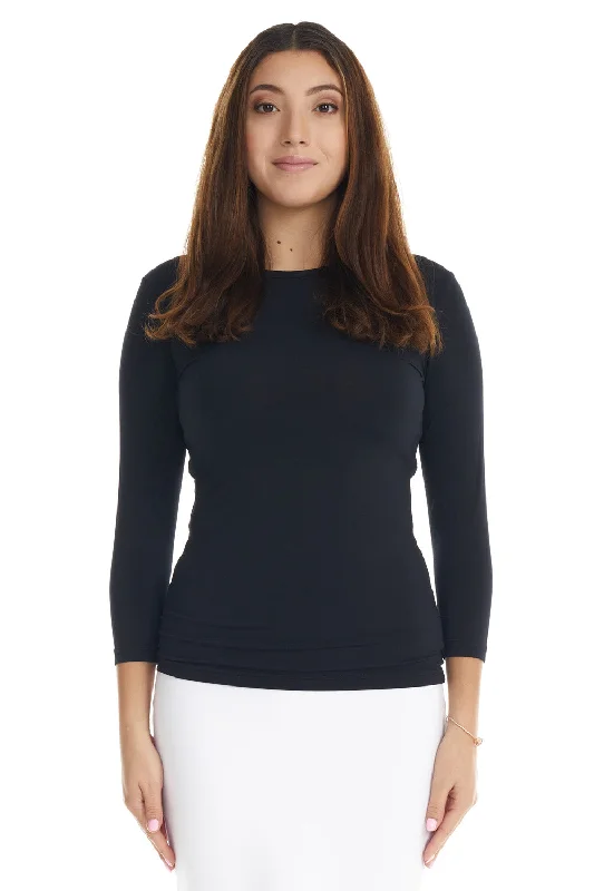 Black 3/4 Sleeve Fancy Slinky Layering T-Shirt Top for Women-- Cozy Warm Stylish