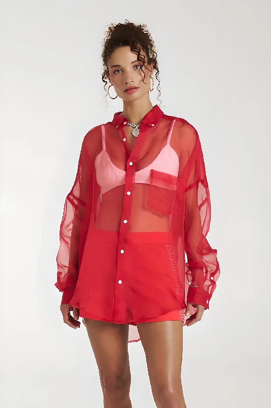 SUMMI SUMMI Womens Silk Organza Mercurio Shirt - Scarlet-- Mesh Canvas Denim