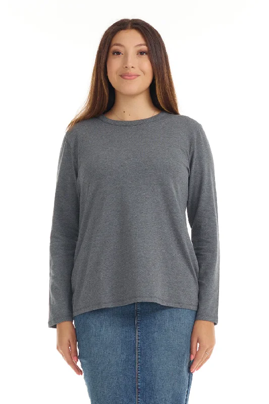 Charcoal Grey Long Sleeve Cotton T-shirt Top for Women-- Chenille Blend Fleece Blend Nylon Blend