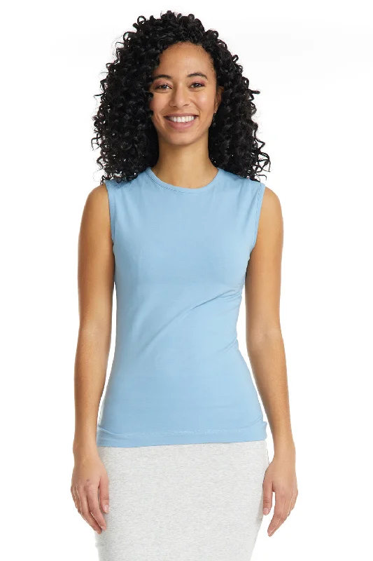 Baby Blue Sleeveless Crewneck T-Shirt for Women-- Silk Blend Satin Velvet