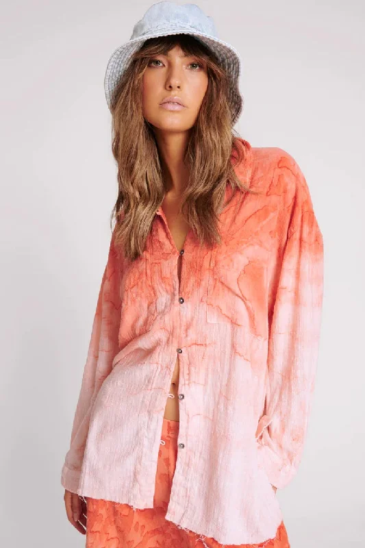 ONE TEASPOON Womens Hand Painted Sunset Muslin Longline Shirt - Coral-- Cotton Fabric Linen Fabric Terry Fabric