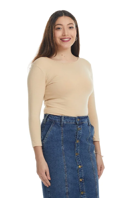 Tan 3/4 Sleeve Snug Fit Cotton Boat Neck Layering Shirt for Women-- Iron Safe Non-Iron Wrinkle Free