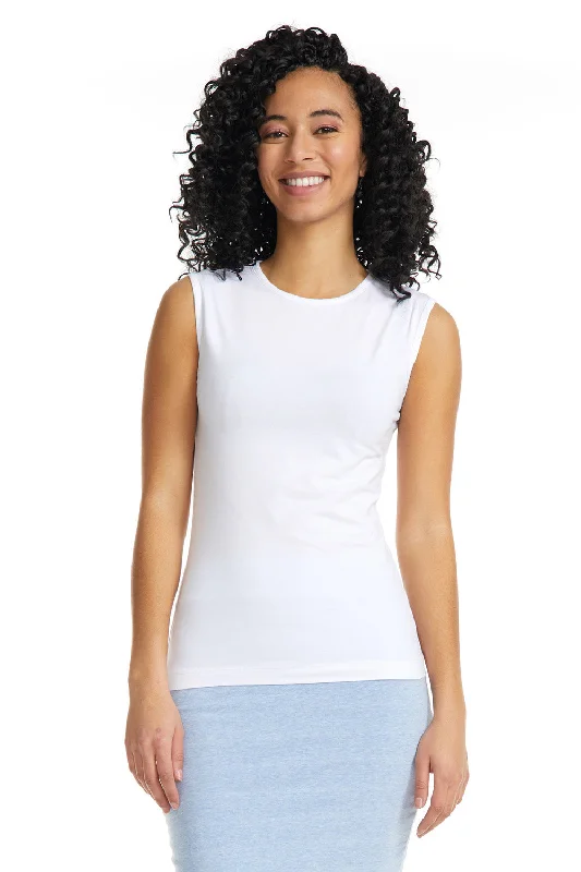 White Cotton Sleeveless Crewneck T-Shirt for Women-- Fashionable Trendy Casual