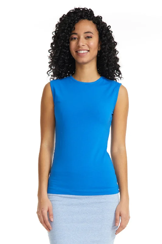 Blue Sleeveless Cotton Crewneck Shirt for Women-- Real Fur Shearling Chenille