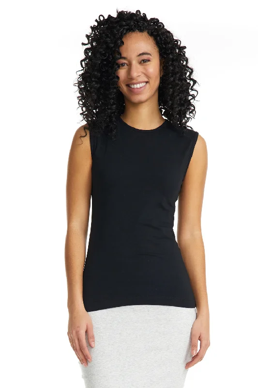 Black Sleeveless Crewneck T-Shirt for Women-- Houndstooth Herringbone Solid