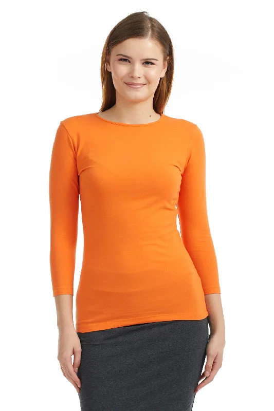 Pumpkin 3/4 Sleeve Snug Fit Layering Cotton T-Shirt Top for Women-- Faux Fur Fabric Real Fur Fabric Shearling Fabric