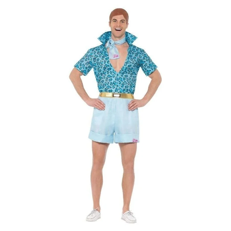 Barbie Movie Safari Ken Costume Mens Blue Shirt Shorts Tie and Wig-- Ribbed T-Shirt High Neck Heavyweight