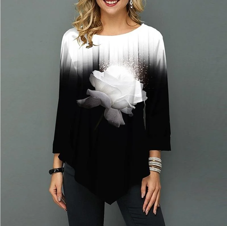 Shirt Women / Printing Blouse 3/4 Sleeve Casual Hem Plus Size-- Ribbed T-Shirt High Neck Heavyweight