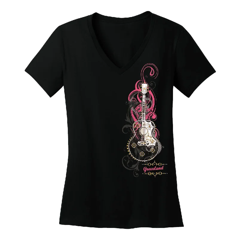 Graceland Guitar Rhinestone Embellished Women's T-Shirt-- Boxy Fit Fitted Loose