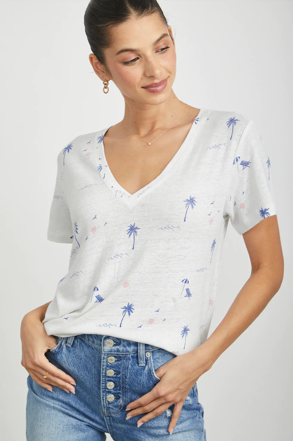 THE CARA V NECK T-SHIRT - MALIBU BEACH-- Cotton Fabric Linen Fabric Terry Fabric
