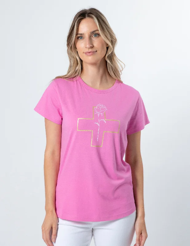 Stella & Gemma  T SHIRT Bubblegum white rose gold cross-- Spandex Blend Rayon Blend Denim Blend