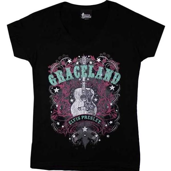 Graceland Guitar Rhinestone Embellished Women's V-Neck T-Shirt-- Modern Contemporary Chic