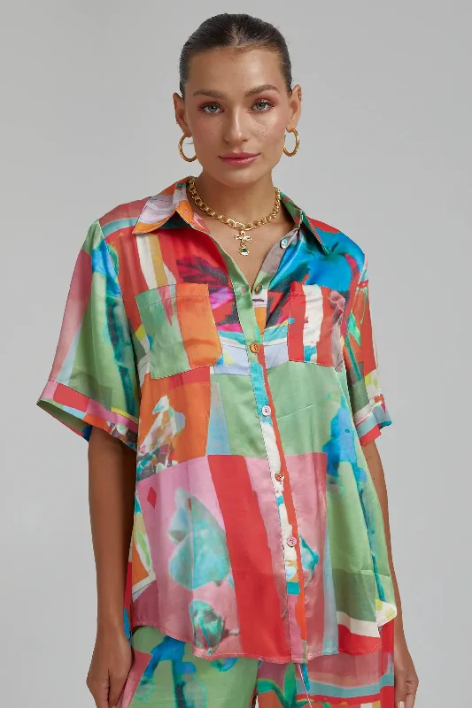 SUMMI SUMMI Womens Linen Big Shirt - Royal Montage-- Front Pockets Side Pockets Patch Pockets