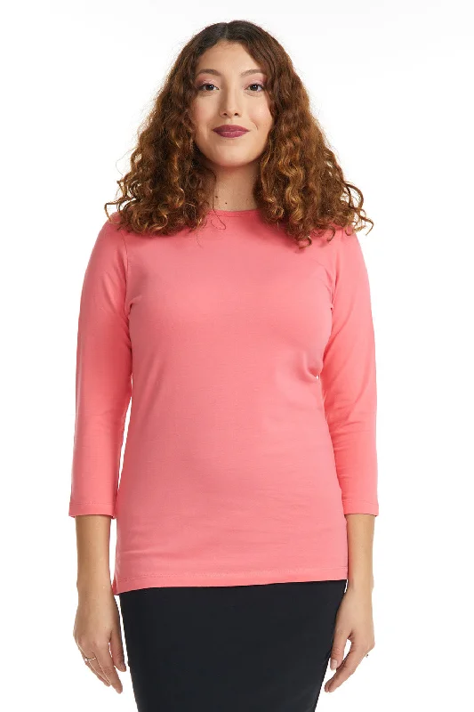 3/4 Sleeve Relaxed Fit Crewneck T-Shirt for Women - SALMON-- Polka Dot Checkered Tartan